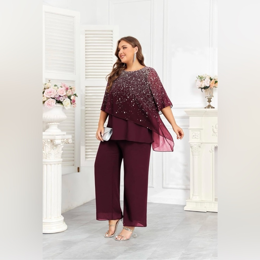 Hanna Nikole Plus Size 2 Piece Ruffle Layer Chiffon Gradient Print - Picture 2 of 8